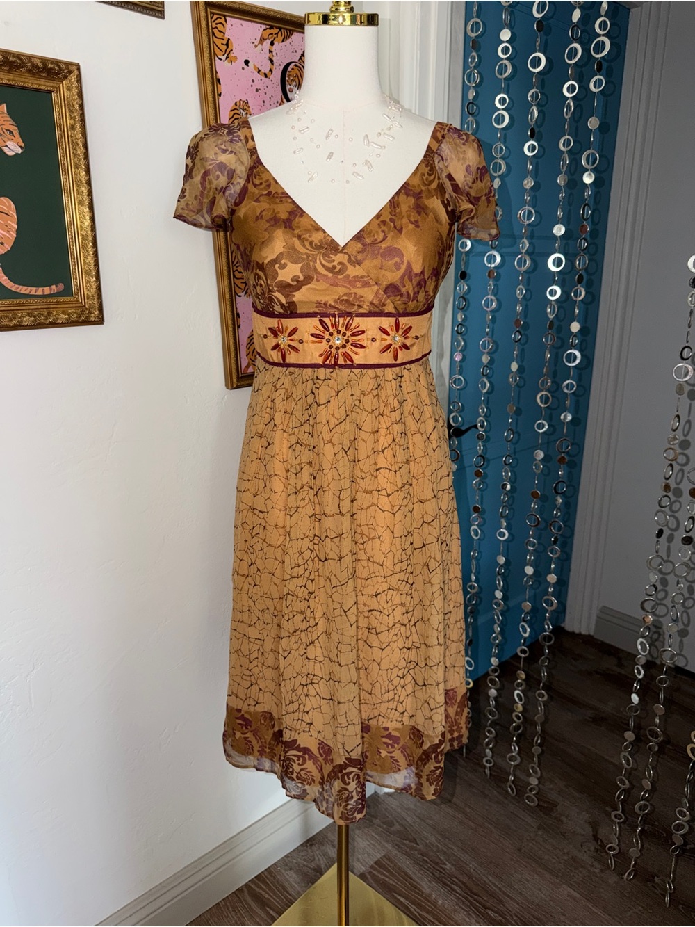 Vintage Y2K Floral Embroidered V-Neck Midi Dress Silk